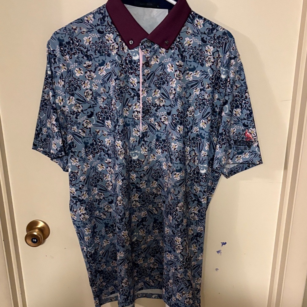 Greyson Blue Floral Polo Shirt with Maroon Collar
